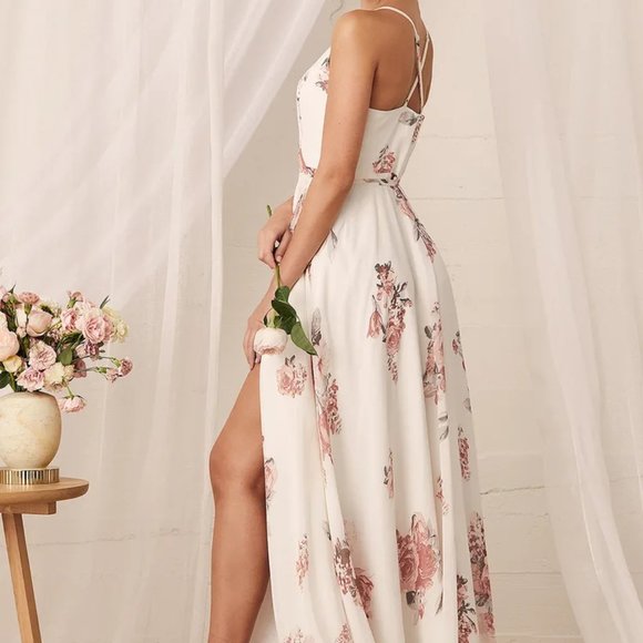 Lulu's | Dresses | Lulus Elegantly Inclined Cream Floral Print Wrap Maxi  Dress | Poshmark